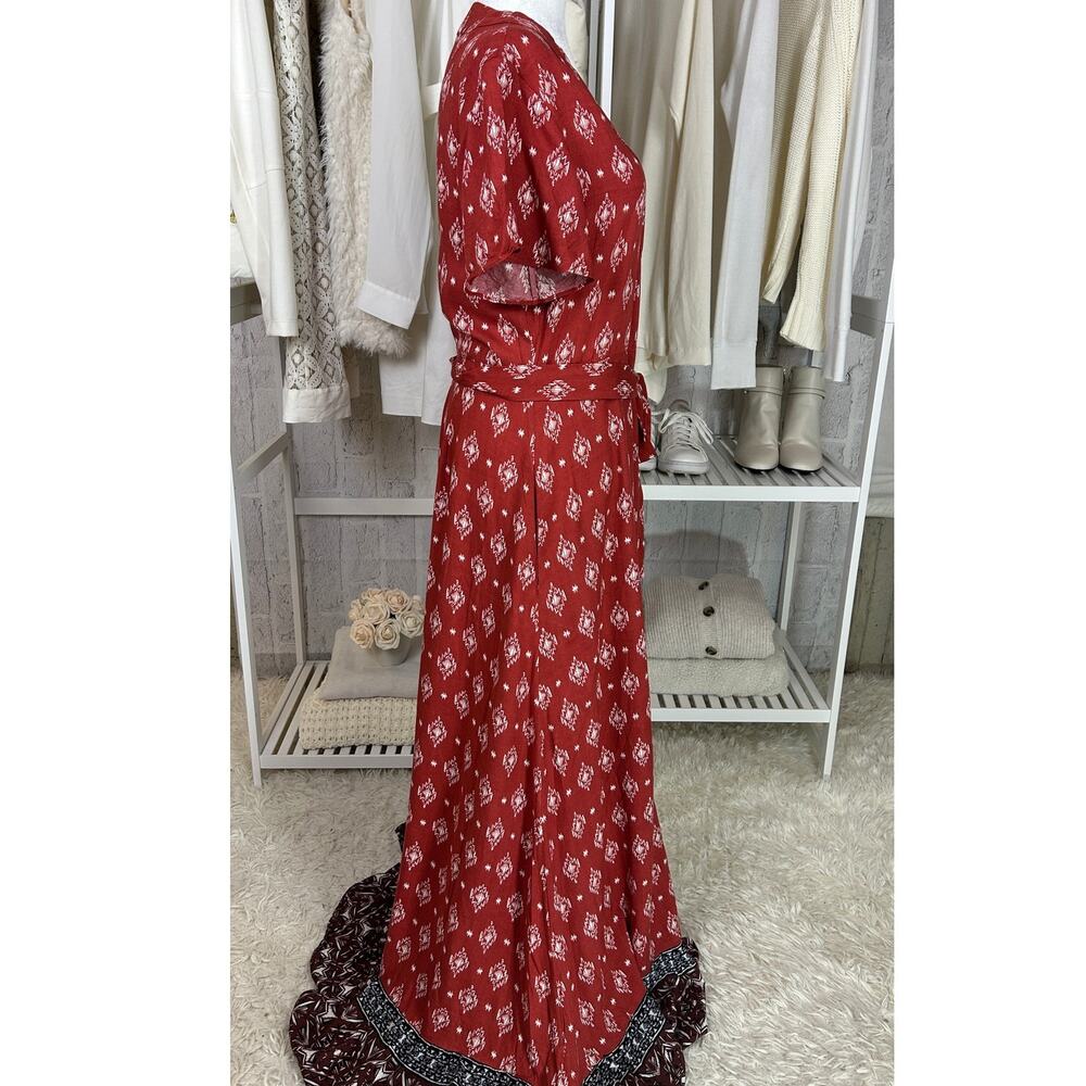 Long Tall Sally Womens Sz 8 Tall  Red Boho Wrap Tie Waist V Neck Maxi Dress 0530 - Picture 2 of 15